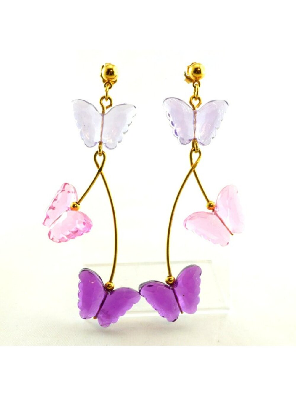 Butterfly Dangle Gold Tone Earrings Pink Purple Acrylic